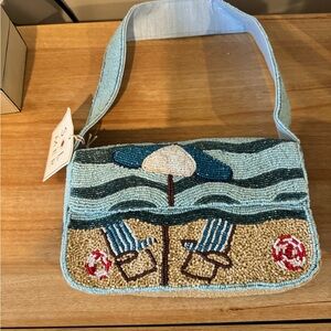 Viral Sol and Mer Beach Scene Blue and Tan Beaded Shoulder Bag